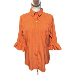 Gretchen Scott S Priss Chiffon Blouse  Orange Button Front 3/4 Ruffle Sleeve